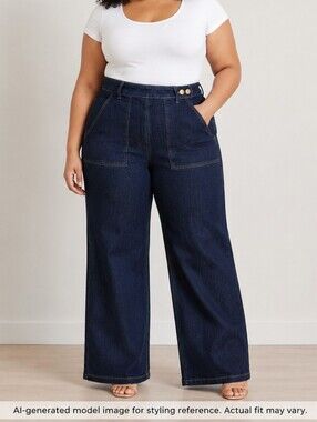 Astro Bettie Dark Wash Wide Leg Jeans Size 34 Approx US 16 High Rise Stretch Den